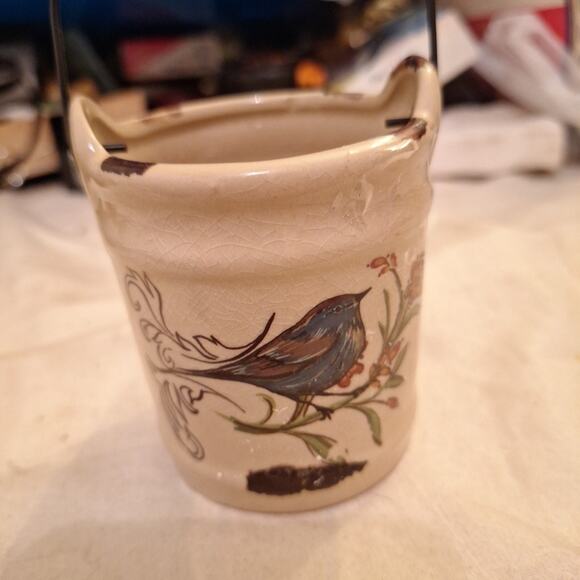 3in Ceramic Bucket with Metal Handle Planter Bird And Flowers - Picture 1 of 6